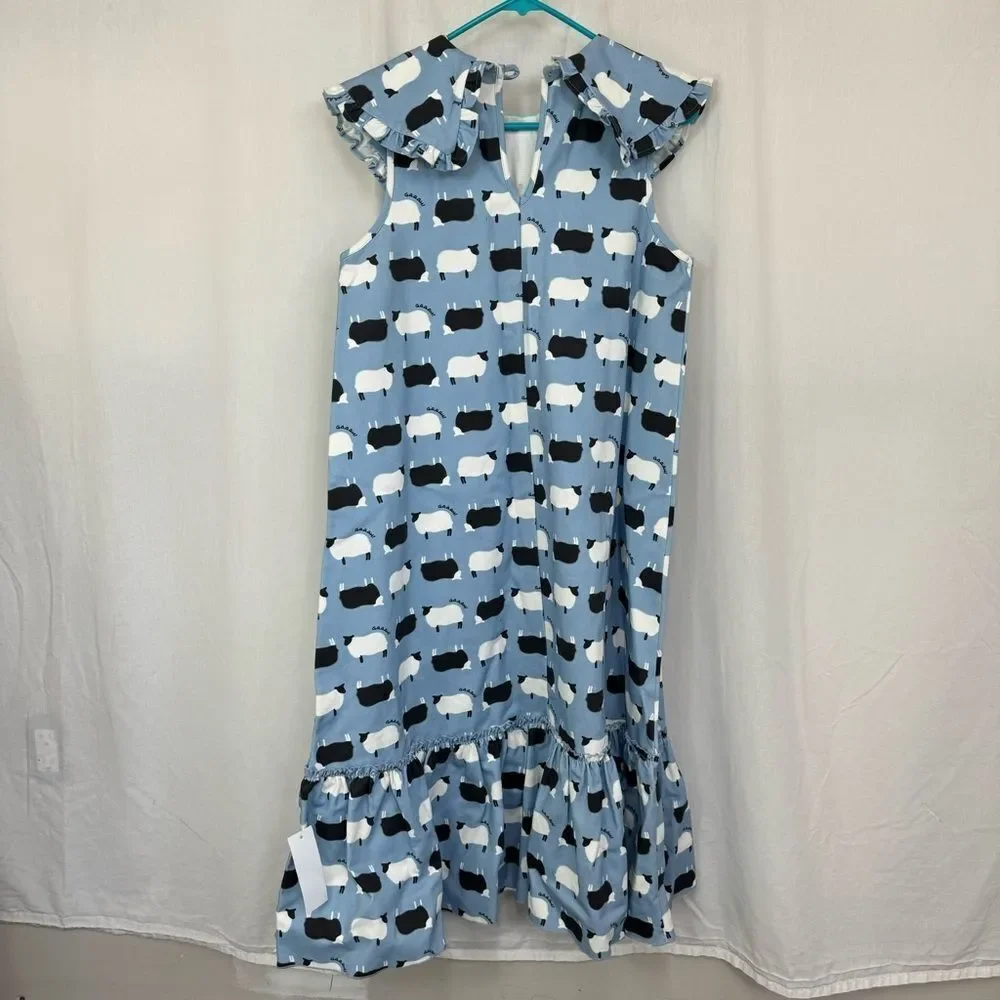 NEW LISA SAYS GAH Stevie Blue Novelty Counting Sheep Print Denim Midi Dress XS - Picture 6 of 17